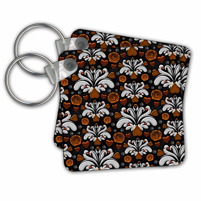 Key Chain - Orange, White, and Black, Roses, Hearts, and Ornamental Pattern Patterns