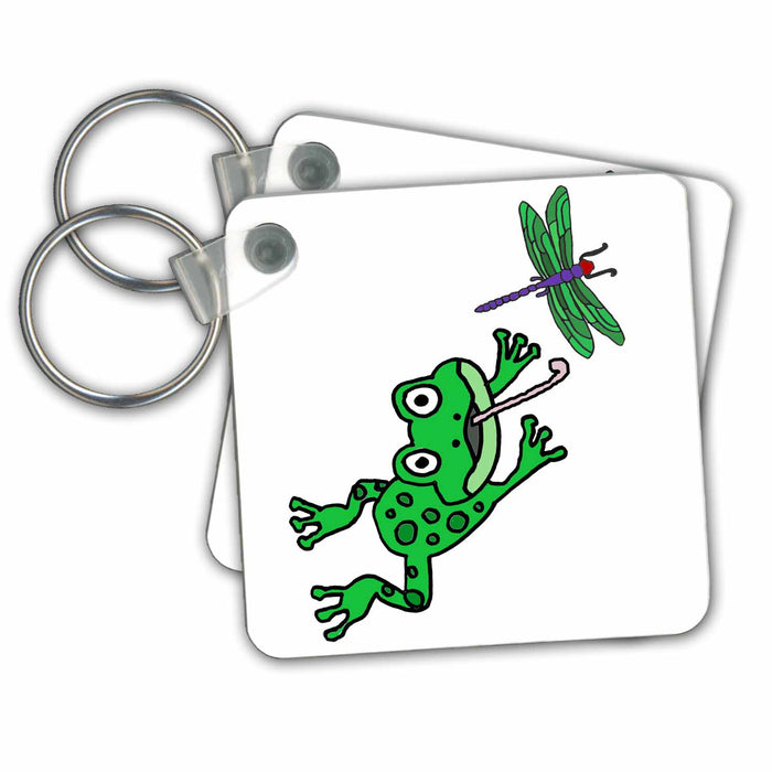 Key Chain - Funny Green Frog Jumping after Dragonfly Cartoon Funny