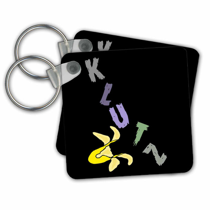 Key Chain - Funny Klutz Rainbow text and Banana Peel for Clumsy Klutzes Funny