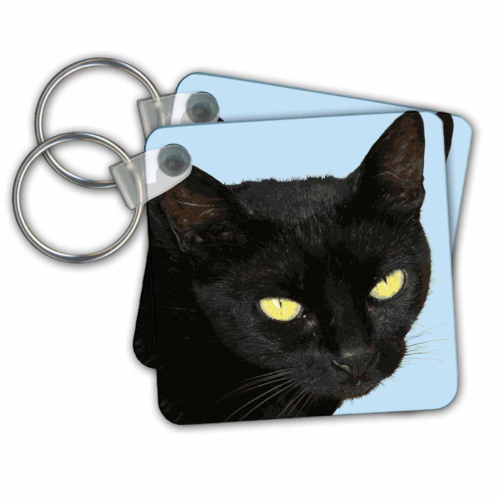 Key Chain - Black Cat With Beautiful Yellow Eyes Vector Art Cut Out On Blue Vector Art - Black Cat