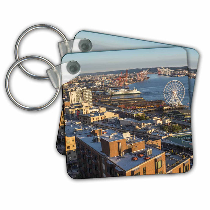 Key Chain - Seattle waterfront with Great Wheel and Port of Seattle Washington