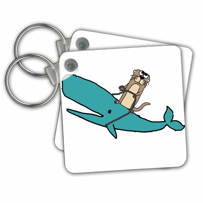 Key Chain - Funny Cute Sea otter riding Blue Whale Beach Cartoon Animals