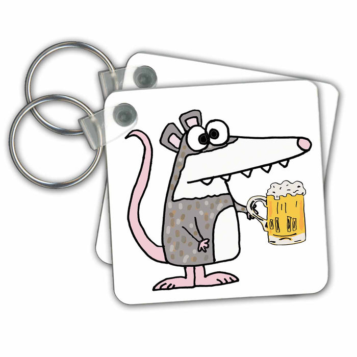 Key Chain - Funny Cute Funky Possum Drinking Beer Cartoon Funny