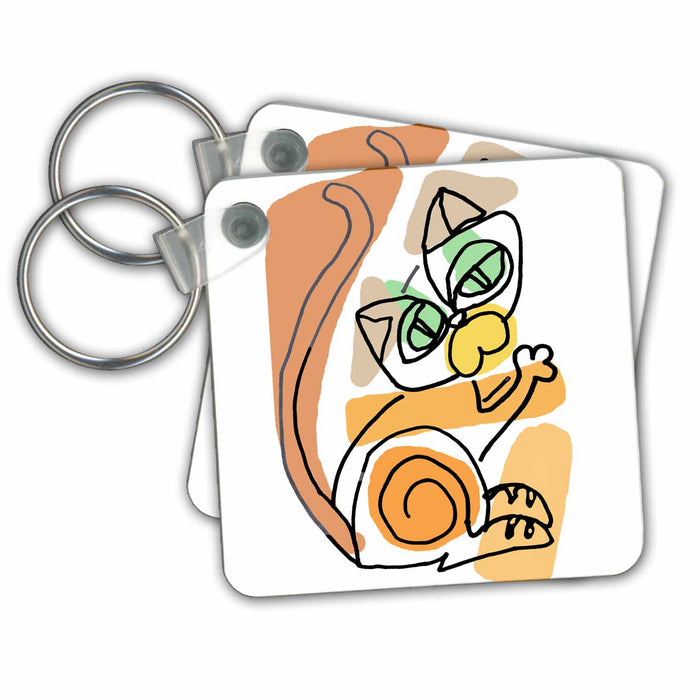 Key Chain - Cool Funny Calico Kitty Cat Abstract Line Art Cartoon Animals