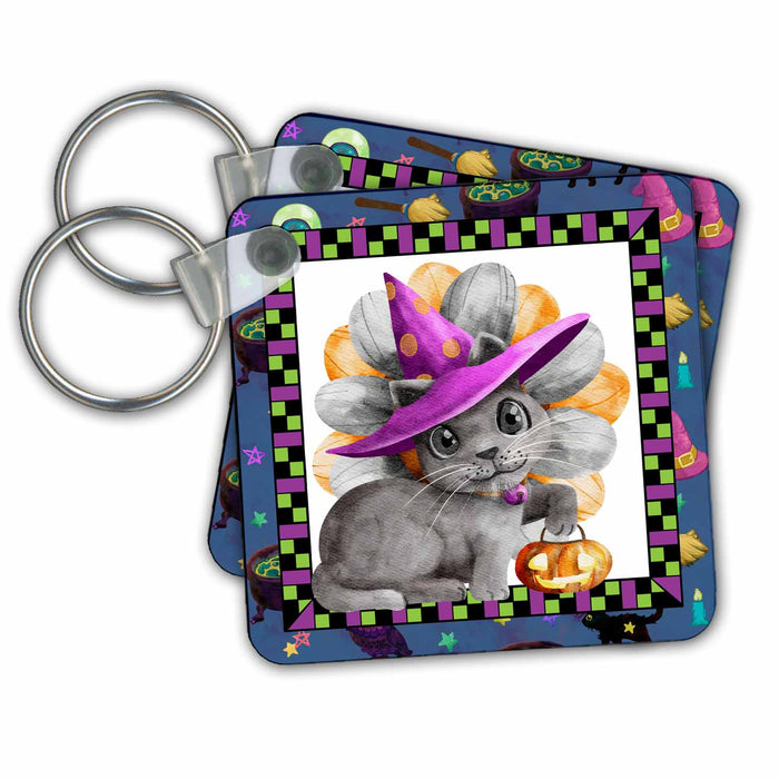 Key Chain - Cute Halloween Witch Cat With A Pumpkin Design Halloween Designs