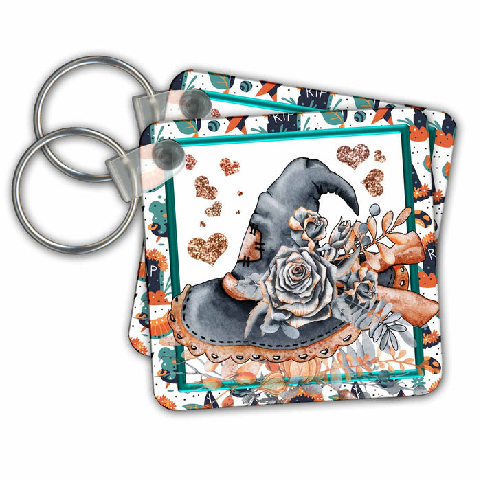 Key Chain - Pretty Floral Halloween Witches Hat And Hearts Design Halloween Designs