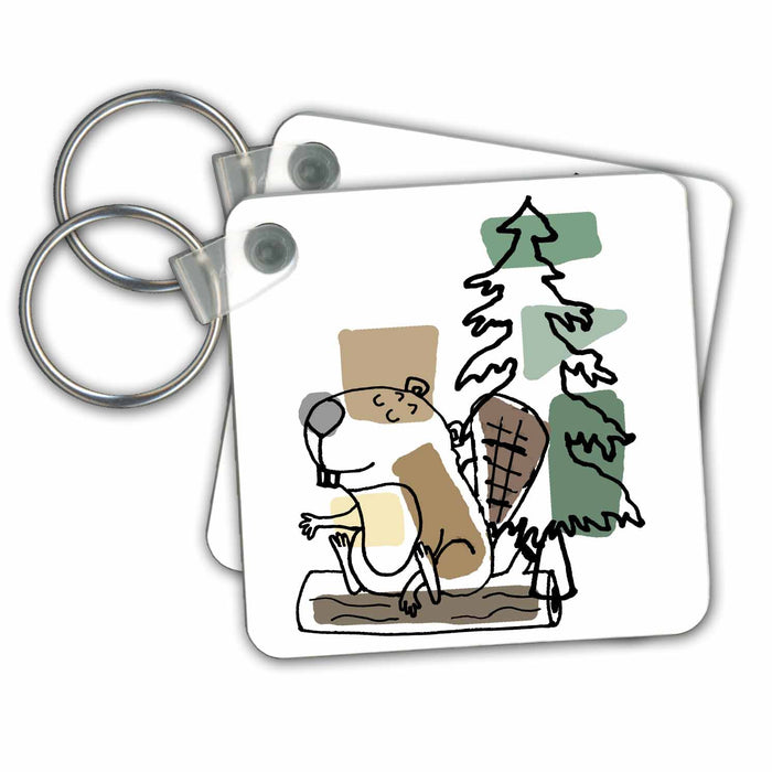 Key Chain - Cool Funny Beaver and Spruce Tree Nature Abstract Line Art Cartoon Animals