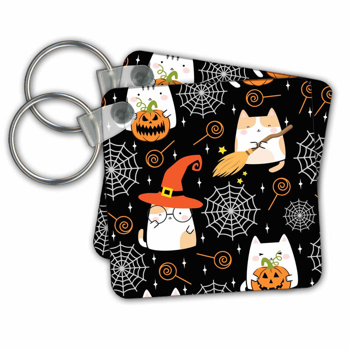 Key Chain - Cute Cats With Glasses and Pumpkins And Spider Webs Halloween Pattern Halloween Patterns