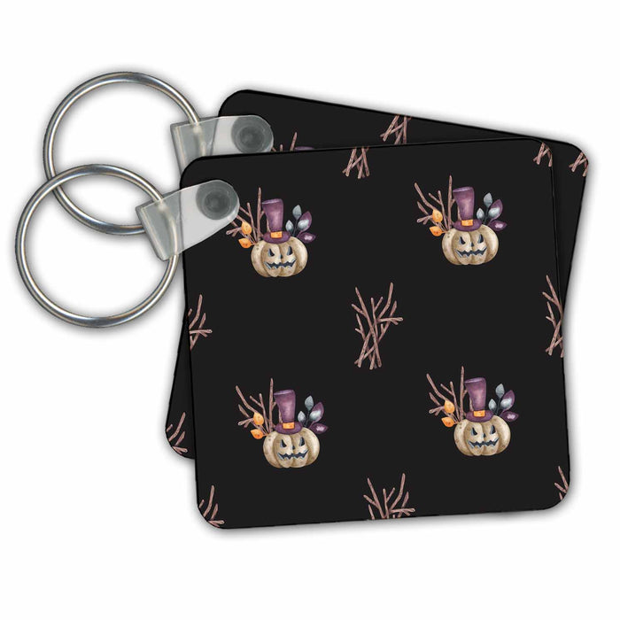 Key Chain - Cute Beige Pumpkins In Purple Tops Hats and Twigs Pattern Halloween Patterns