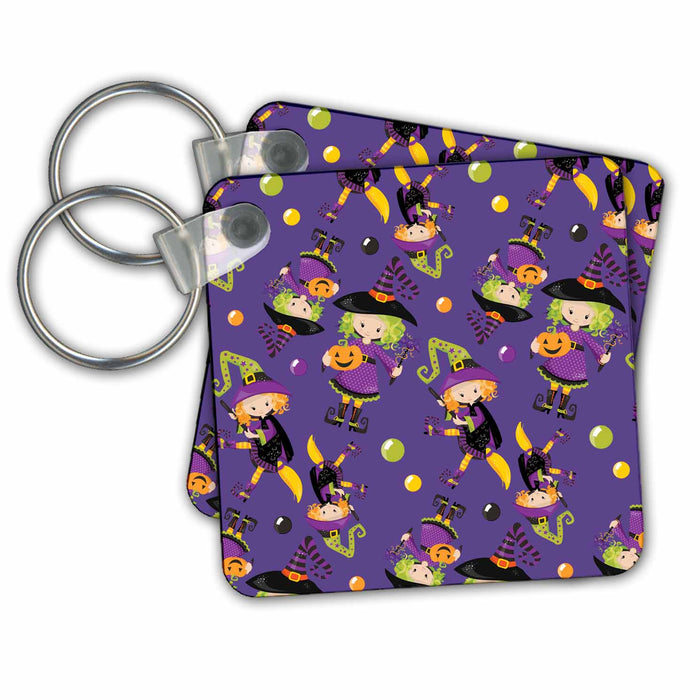 Key Chain - Cute Witches With Orange and Green Hair Halloween Pattern Halloween Patterns