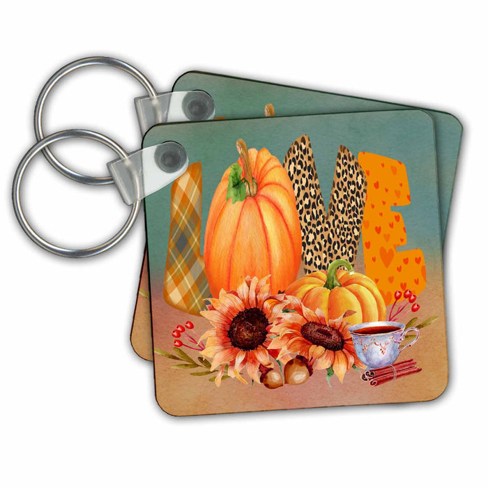 Key Chain - Autumn Love Colorful Seasonal Sunflowers Pumpkin Autumn and Thanksgiving