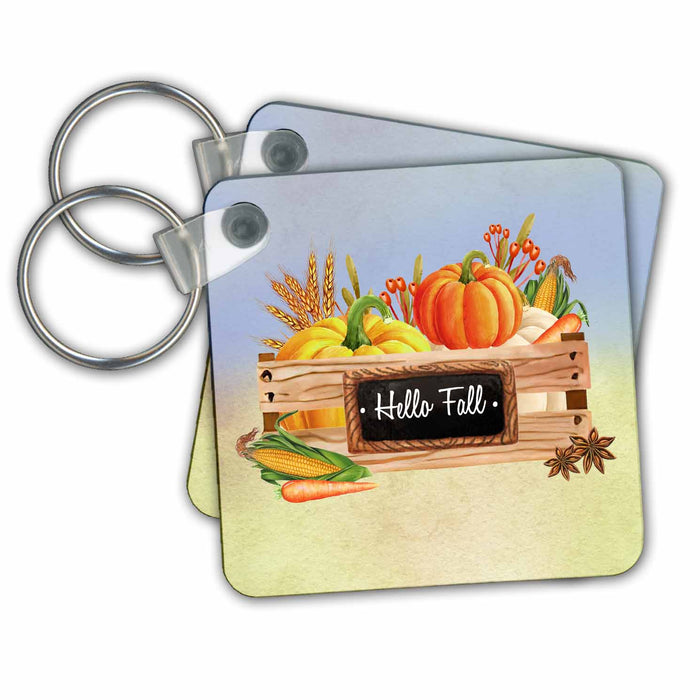 Key Chain - Hello Fall Autumn Basket of Pumpkin Corn Carrots Autumn and Thanksgiving