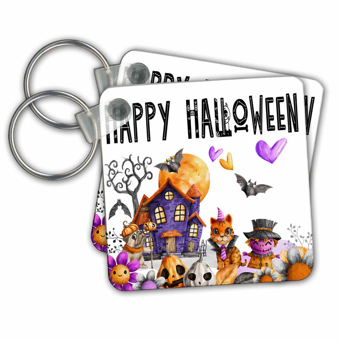 Key Chain - Happy Halloween Haunted House Scene All Holiday Greetings