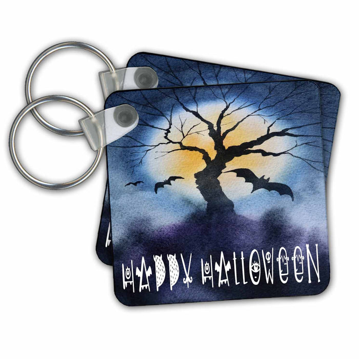 Key Chain - Happy Halloween Image Of Watercolor Scary Tree and Bats All Holiday Greetings