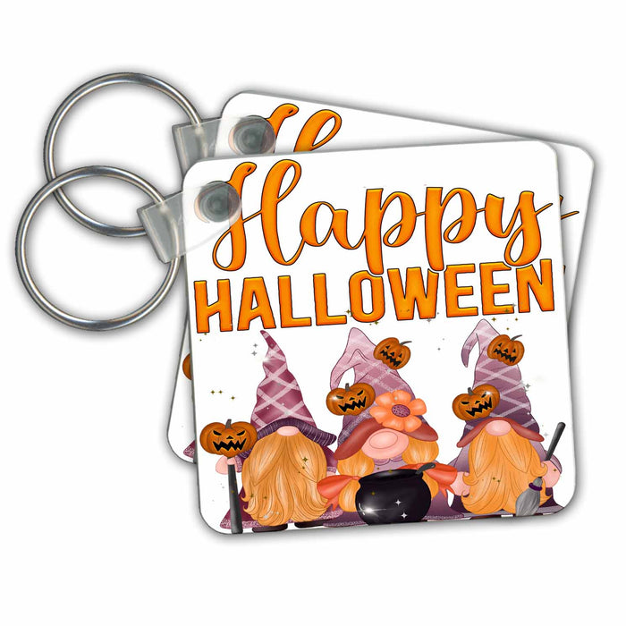 Key Chain - Happy Halloween Cute Orange and Purple Gnomes and Cauldron All Holiday Greetings