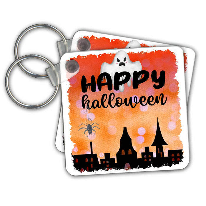 Key Chain - Happy Halloween Ghost Image Of Watercolor Haunted City Skyline All Holiday Greetings