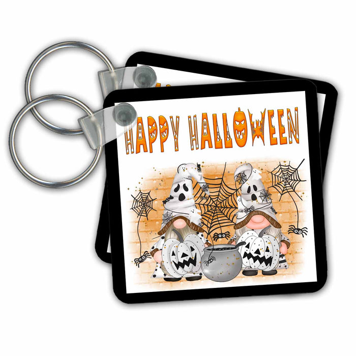 Key Chain - Happy Halloween White and Orange Ghost Gnomes All Holiday Greetings