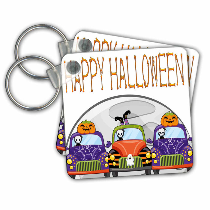 Key Chain - Happy Halloween Skeleton Driving Halloween Trucks All Holiday Greetings