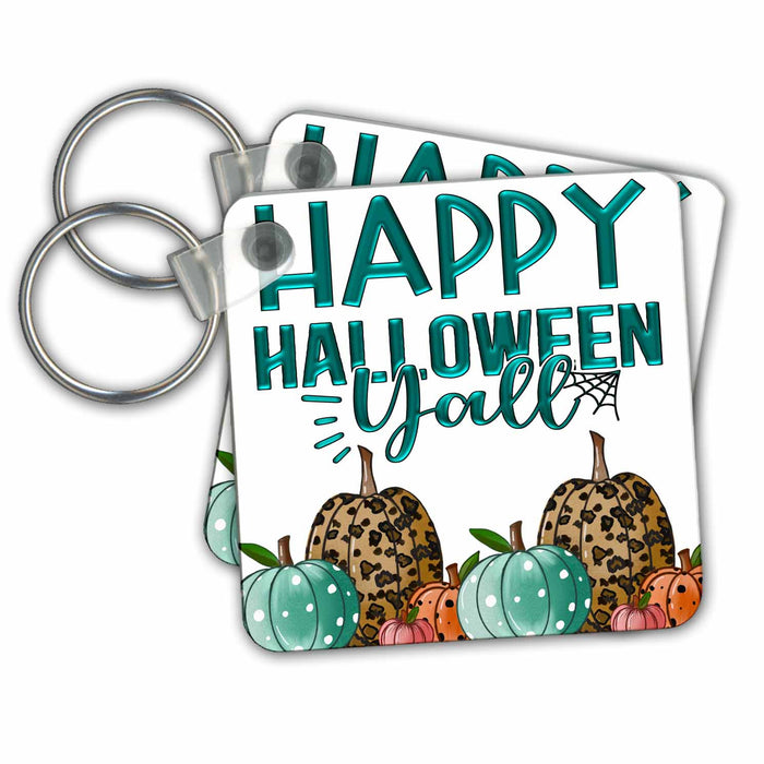 Key Chain - Green Happy Halloween Yall and Leopard Spotted Pumpkins All Holiday Greetings