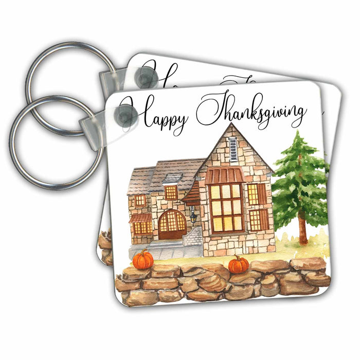 Key Chain - Happy Thanksgiving Pretty Rock Fall House With Pumpkins All Holiday Greetings