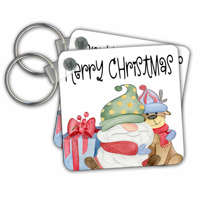 Key Chain - Merry Christmas Cute Santa Gnome Hugging A Deer All Holiday Greetings