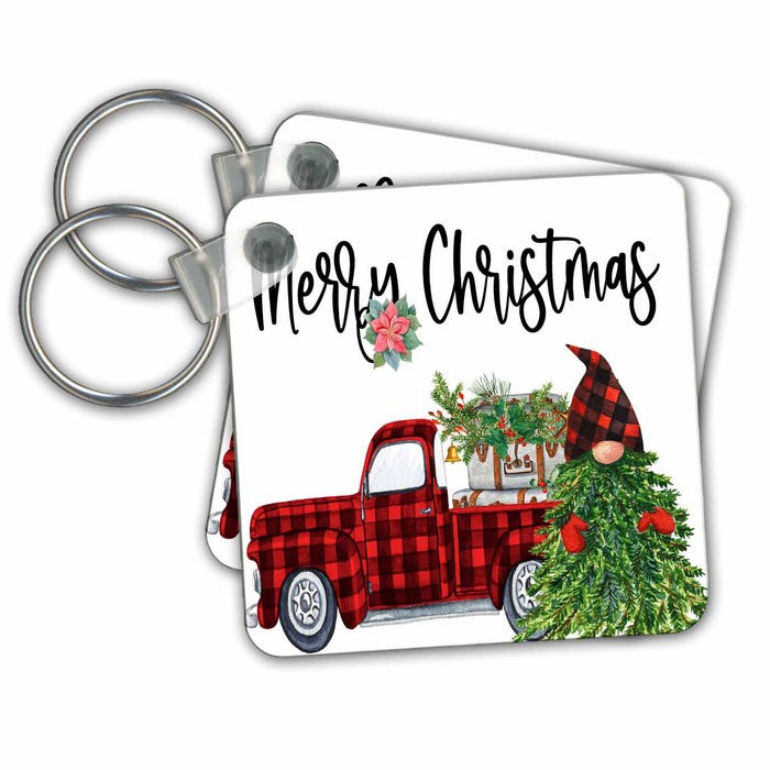 Key Chain - Merry Christmas Red Plaid Truck and Christmas Tree Gnome All Holiday Greetings