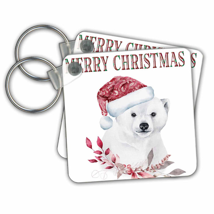 Key Chain - Merry Christmas With A Polar Bear In A Christmas Hat and Floral All Holiday Greetings