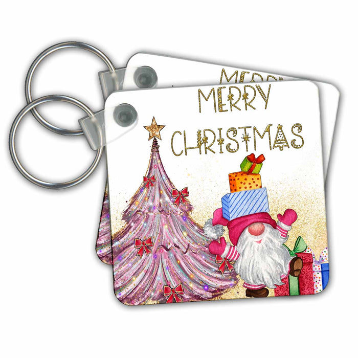 Key Chain - Merry Christmas Santa Gnome By A Pink Christmas Tree and Gifts All Holiday Greetings