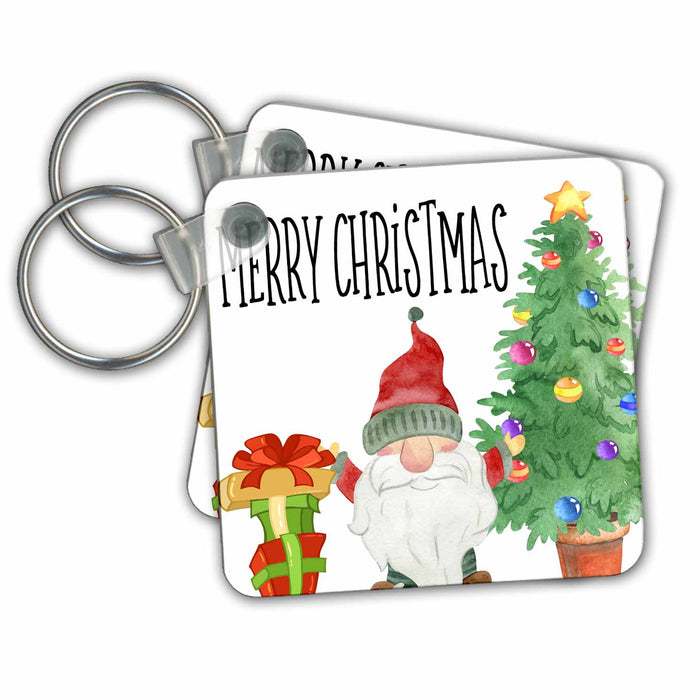 Key Chain - Merry Christmas With A Christmas Gnome and Tree All Holiday Greetings