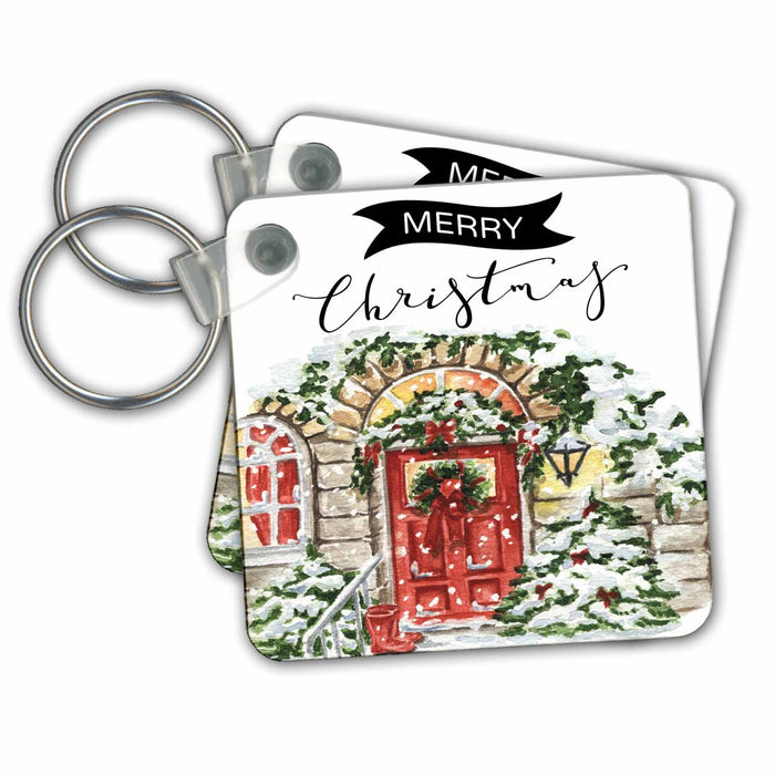 Key Chain - Merry Christmas Red Christman Front Porch All Holiday Greetings