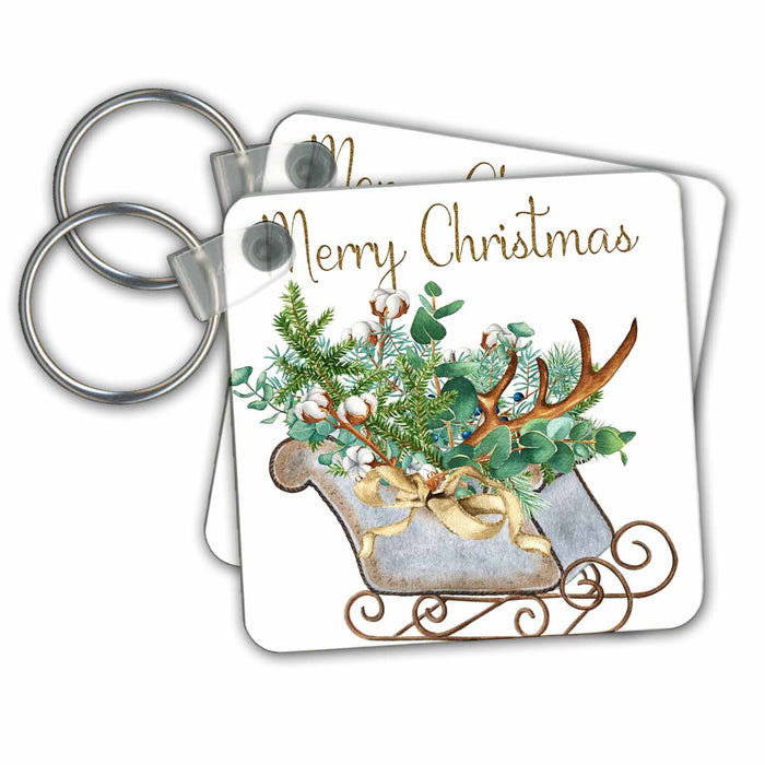 Key Chain - Merry Christmas Image Of Gold Christmas Floral Sleigh All Holiday Greetings