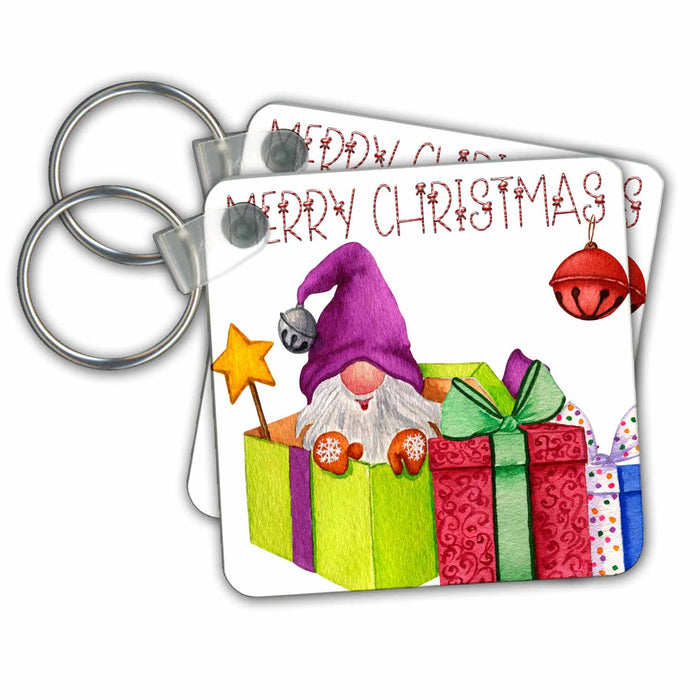 Key Chain - Merry Christmas With A Happy Christmas Gnome In A Gift All Holiday Greetings