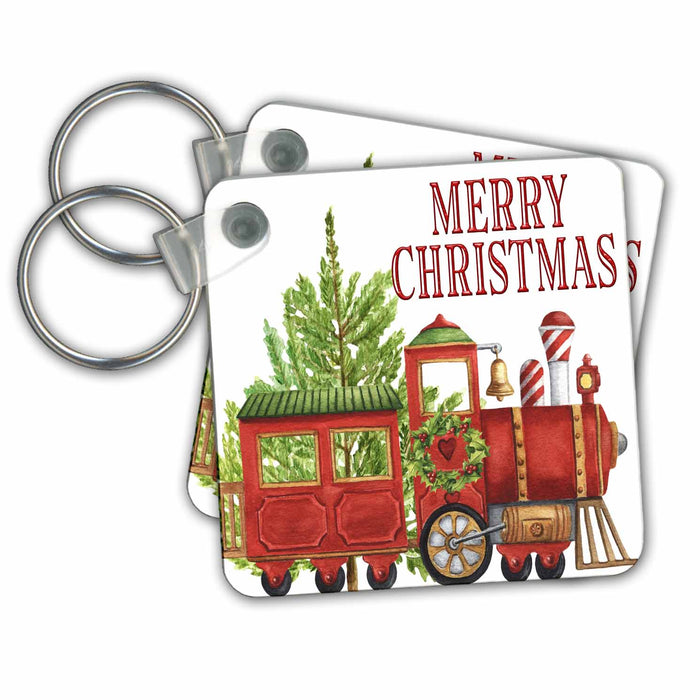 Key Chain - Merry Christmas Red Train and Tree All Holiday Greetings