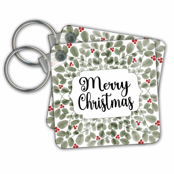 Key Chain - Merry Christmas Pretty Green Leaves and Red Berries All Holiday Greetings