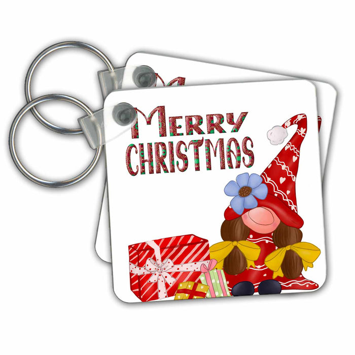 Key Chain - Merry Christmas Cute Red Girl Gnome and Gifts All Holiday Greetings