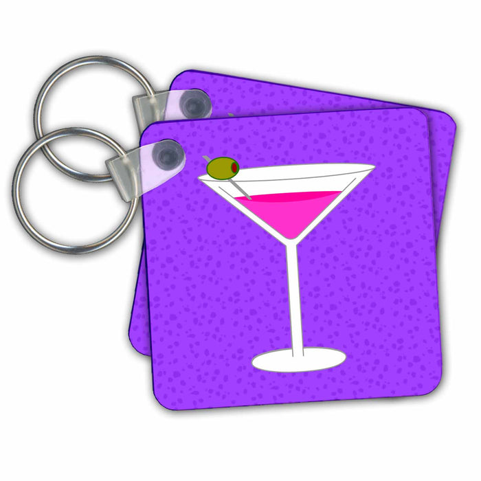 Key Chain - Bright Pink Martini in Glass with Olive - Purple Background Designs Food and Drink