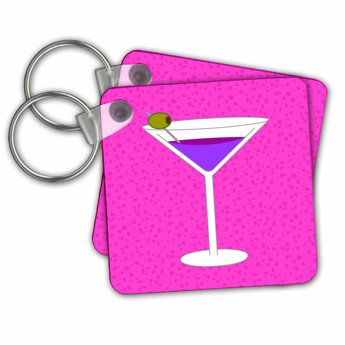 Key Chain - Bright Purple Martini in Glass with Olive - Pink Background Designs Food and Drink