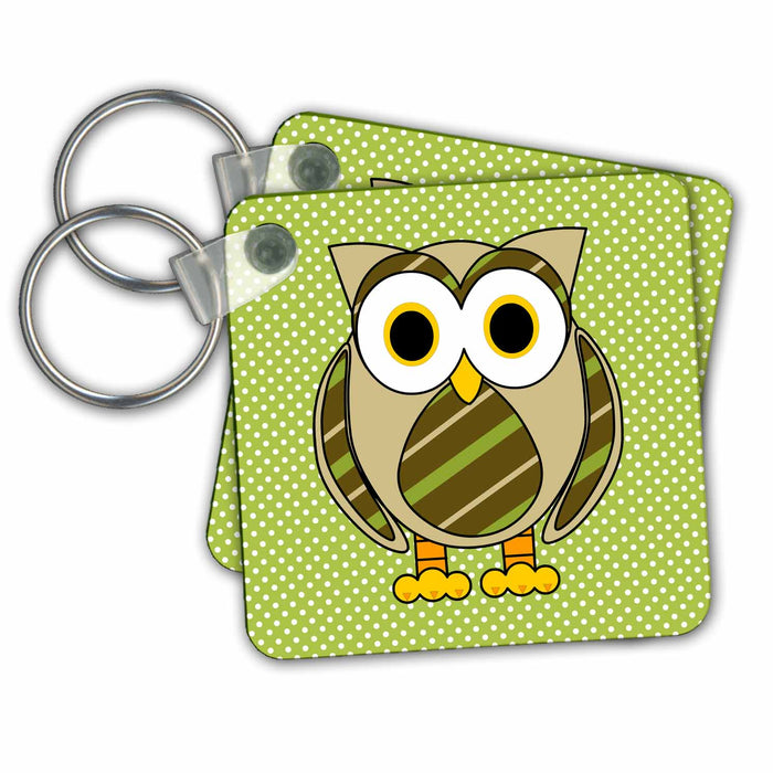 Key Chain - Cute Owl Green Stripes and Dots 2 Designs Woodland Creatures