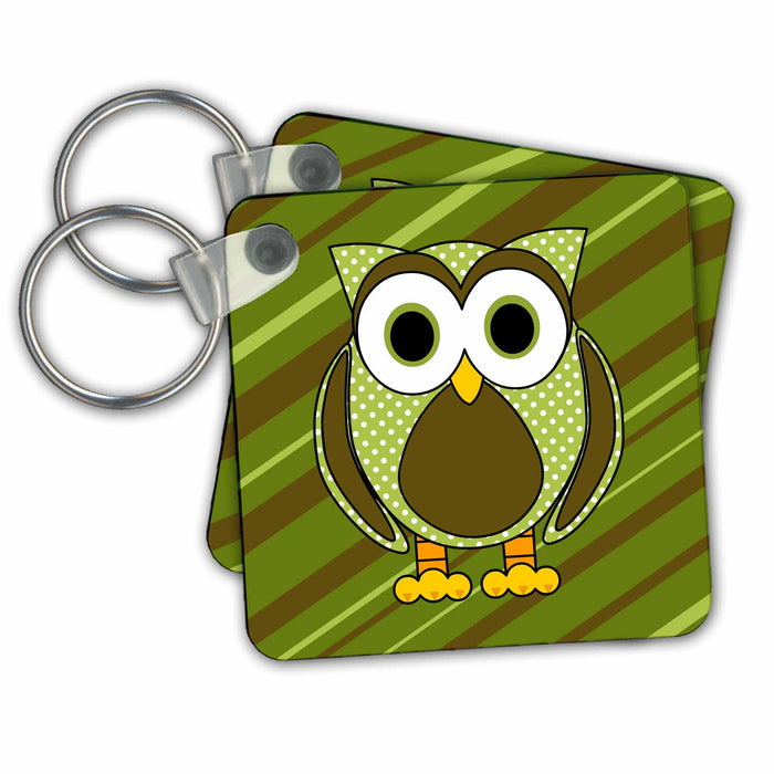 Key Chain - Cute Owl Green Stripes and Dots 3 Designs Woodland Creatures