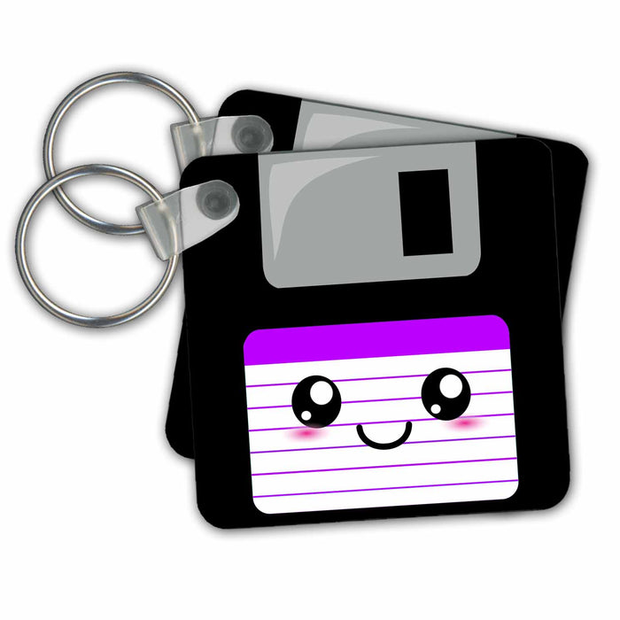 Key Chain - Kawaii Cute Happy Floppy Disk - old school computer - Japanese Anime smiling cartoon in purple Cute Floppy Disks