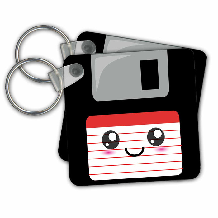 Key Chain - Kawaii Cute Happy Floppy Disk - Geeky Retro computer - Japanese Anime smiling cartoon with red label Cute Floppy Disks