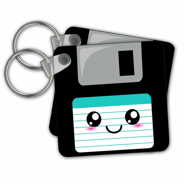 Key Chain - Kawaii Cute Happy Floppy Disk - Retro computer Geek - Anime smiling cartoon Turquoise Teal label Cute Floppy Disks