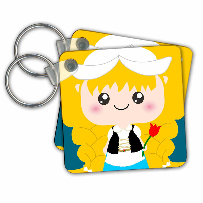 Key Chain - Cute Kawaii Cartoon Dutch Girl Doll in traditional Holland Netherlands Dress and hat - souvenir Squeables