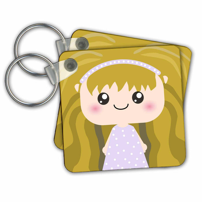 Key Chain - Cute Kawaii Cartoon Girl Doll in purple lilac and white polka dot dress and wavy brown hair Squeables