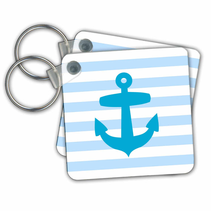 Key Chain - Nautical light blue anchor with patel baby blue sailor stripes pattern - French Breton Stripe Nautical Designs