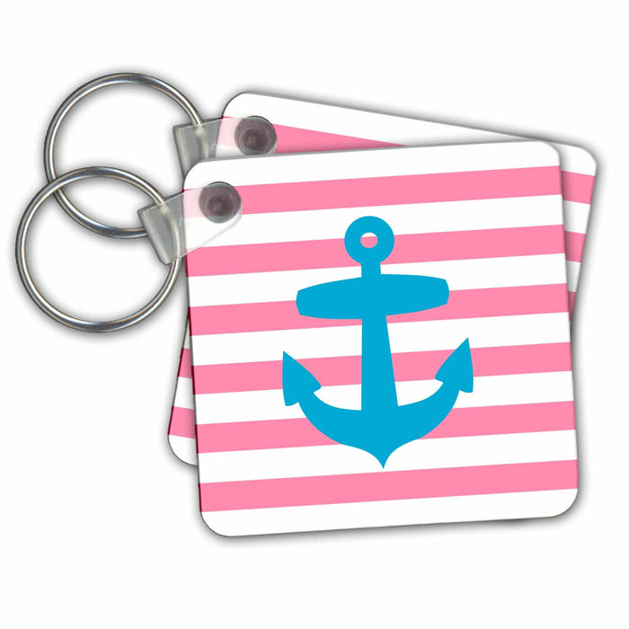 Key Chain - Nautical light blue anchor with coral red or pink sailor stripes pattern - French Breton Stripe Nautical Designs