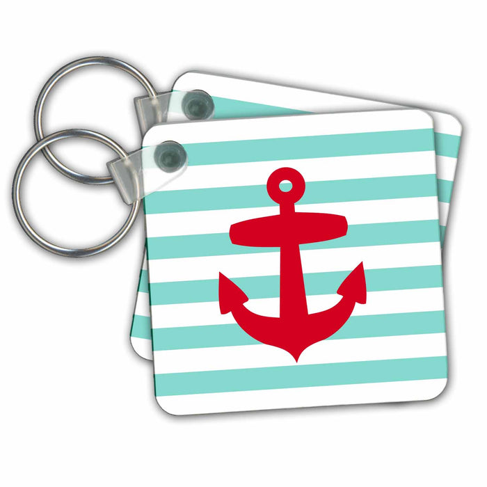 Key Chain - Nautical Red Anchor with teal turquoise aqua blue sailor stripe pattern - French Breton Stripes Nautical Designs