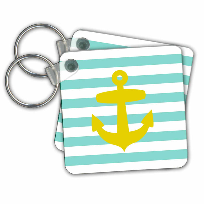 Key Chain - Nautical Golden Yellow Anchor with teal turquoise aqua blue sailor striped pattern - Breton stripes Nautical Designs