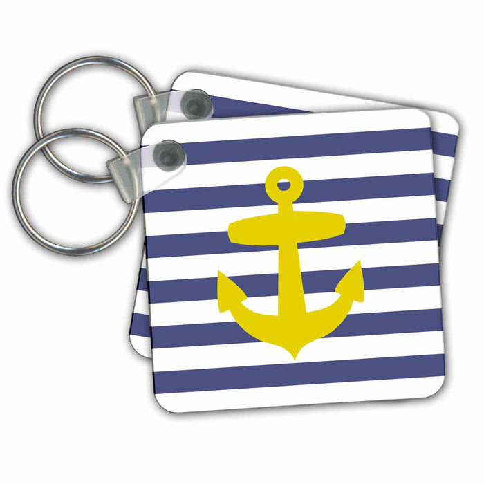 Key Chain - Retro Nautical Golden Yellow Anchor with navy blue sailor stripe pattern - French Breton stripes Nautical Designs