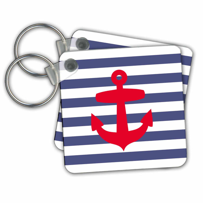 Key Chain - Retro Nautical Red Anchor with navy blue sailor stripe pattern - French Breton stripes Nautical Designs